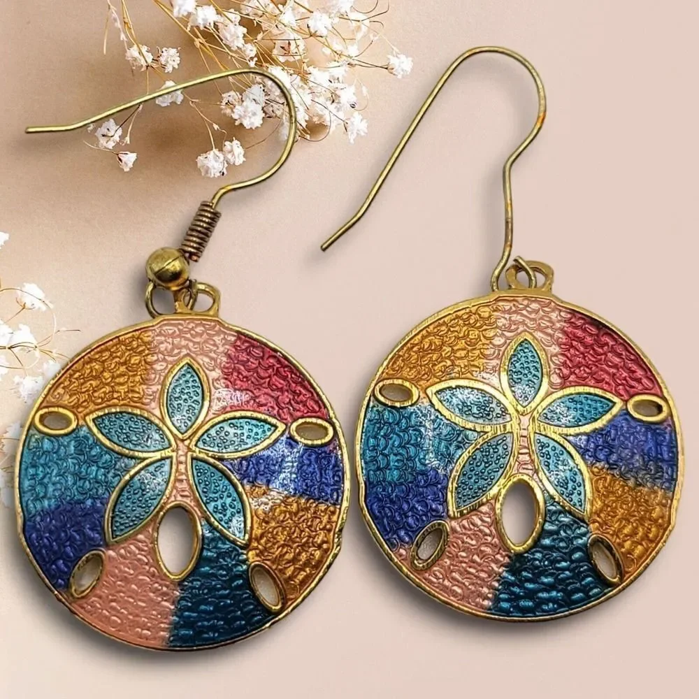 Vintage Cloisonne Hand Painted Enamel Brass Earrings Pierced Dangle Sand Dollars